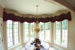 Upholstered Fabric cornice with shirred valance hung underneath